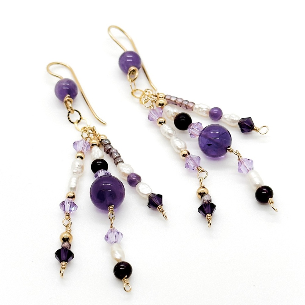Handmade Earrings made with amethyst, seed pearls, Swarovski crystals